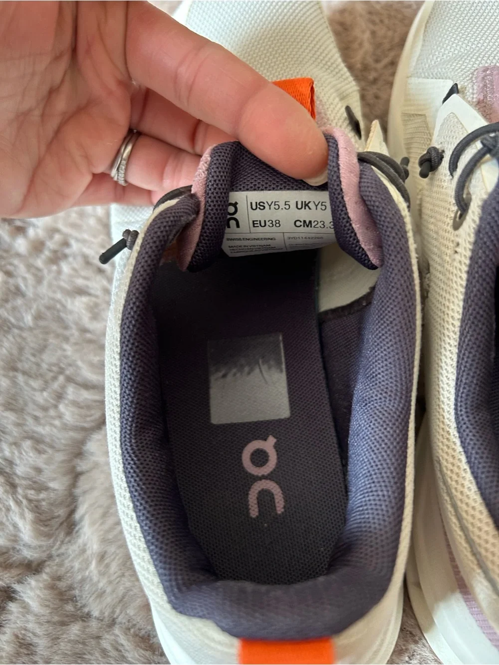 On Running Sneakers in Cream with Pink & Orange Accents size 5.5Youth